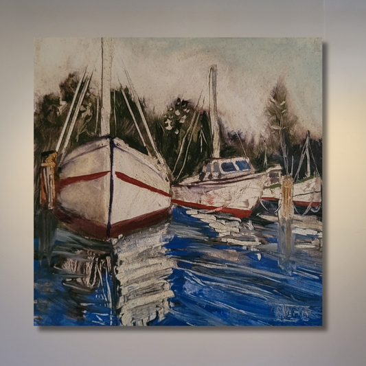Painting of boats docked in water with a reflective surface