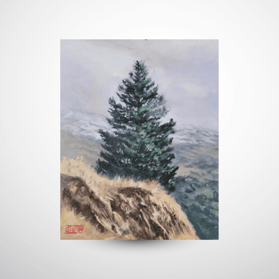 Painting of a solitary pine tree on a warm grassy outcropping with a misty snowy landscape.