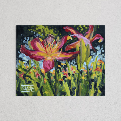 A rectangular canvas oil painting of a vibrant daylily flower in a lush green field, mounted on a textured white wall. The painting features bold brushstrokes in green, pink, yellow, and red, with a visible artist signature 'STAHL' in the bottom-left corner.
