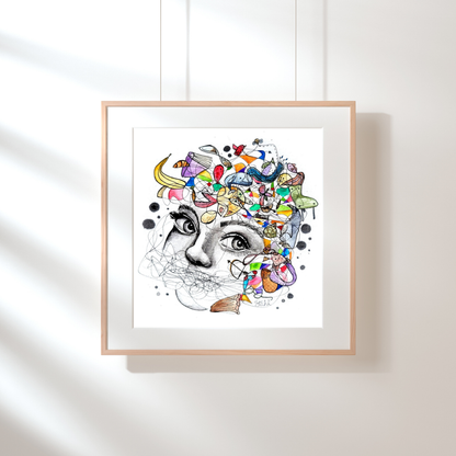A framed art print featuring a vibrant, abstract design with a central face surrounded by colorful elements, displayed on a wall.