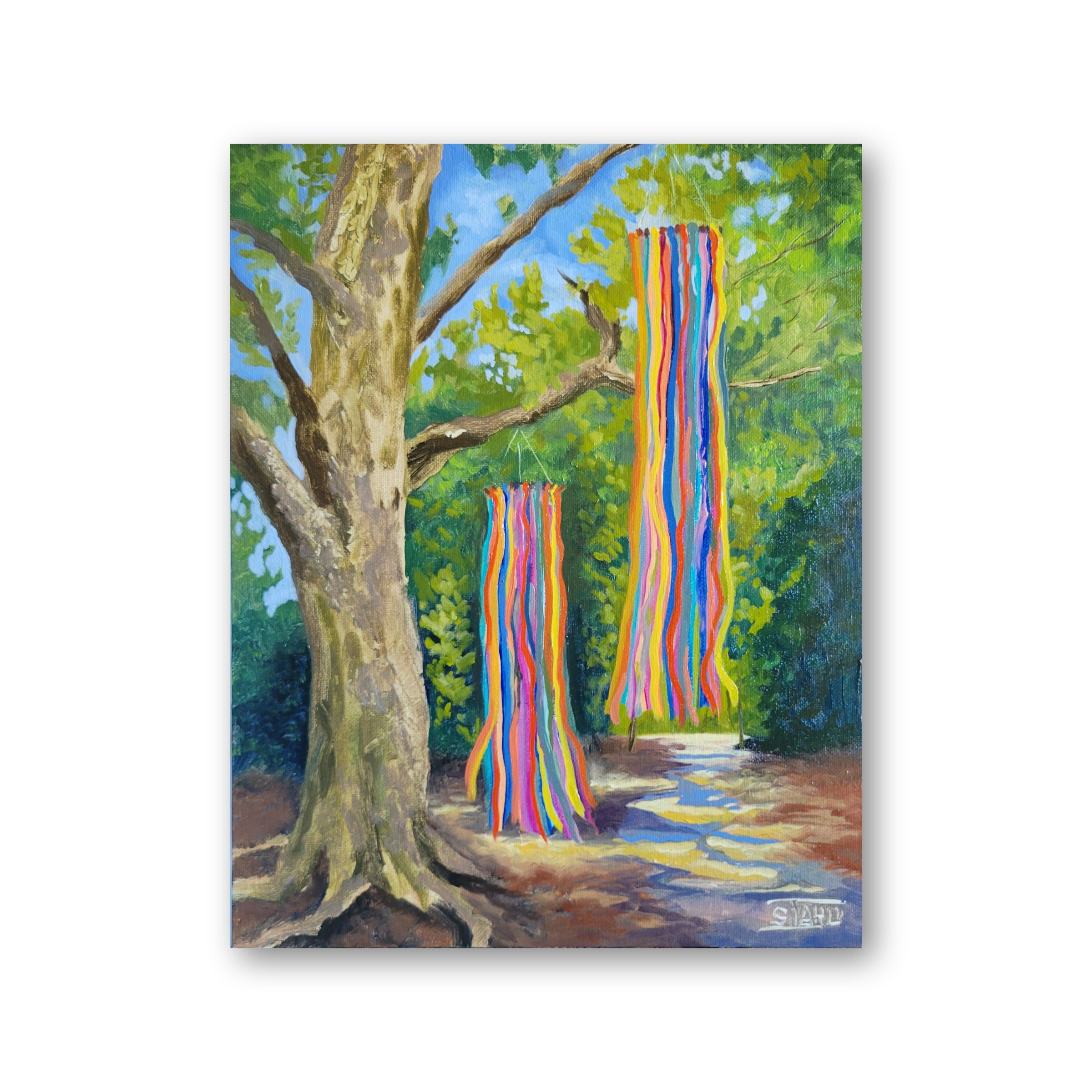 Painting of colorful ribbons hanging from trees in a forest