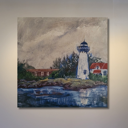 Painting of a lighthouse and surrounding buildings on an island with water in the foreground.