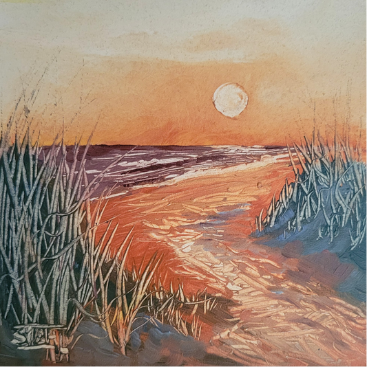 A square oil painting of a beach sunset, featuring a sandy path leading to the ocean under a glowing sun, framed by dune grasses in the foreground.