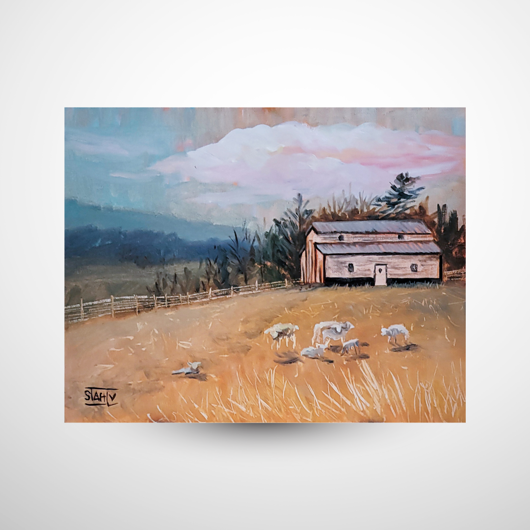 Painting of a barn with sheep in a field under a cloudy sky.