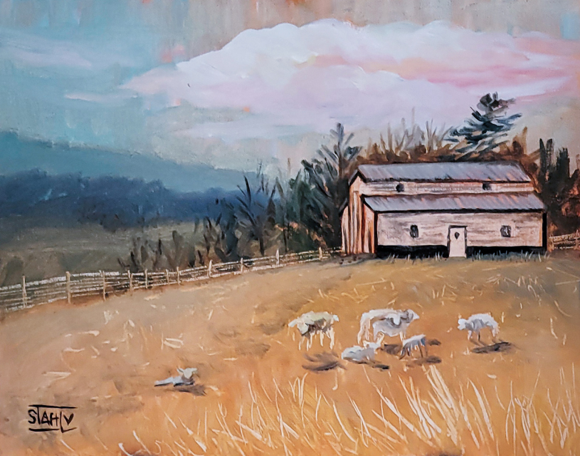 A painted pastoral landscape showing a small rustic barn beside a fence in a dry golden field, with several white sheep in the foreground and blue-gray hills under a cloudy sky in the background.