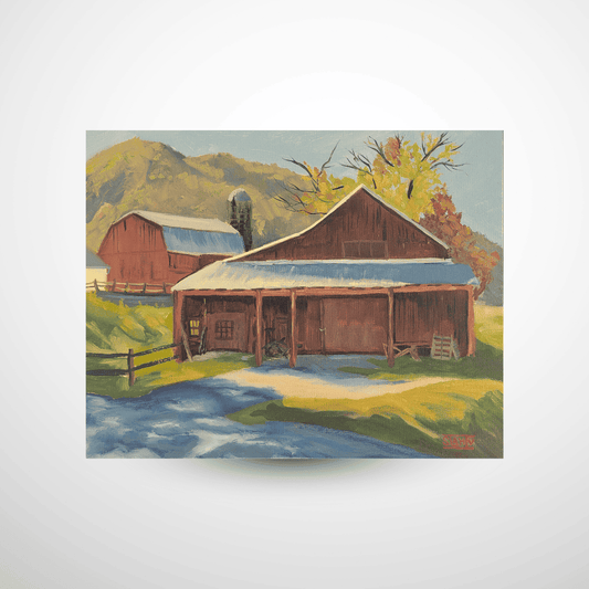 Painting of two wooden barns with a mountainous background