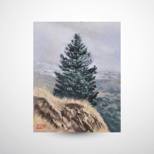 Painting of a solitary pine tree on a warm grassy outcropping with a misty snowy landscape.